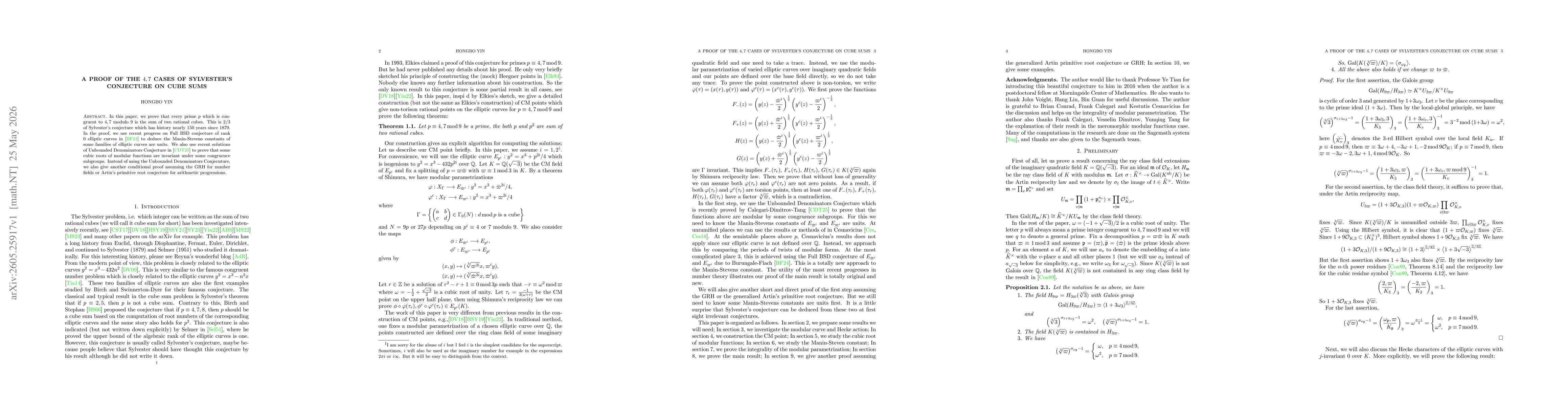 Thumbnail for A proof of the $4,7$ cases of Sylvester's conjecture on cube sums