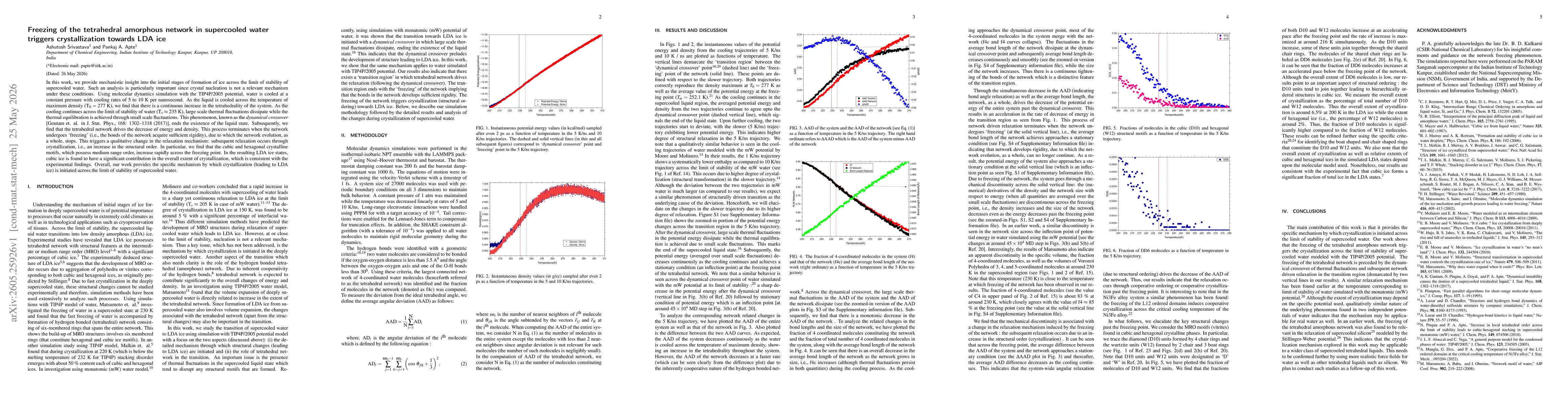 Thumbnail for Freezing of the tetrahedral amorphous network in supercooled water triggers crystallization towards LDA ice