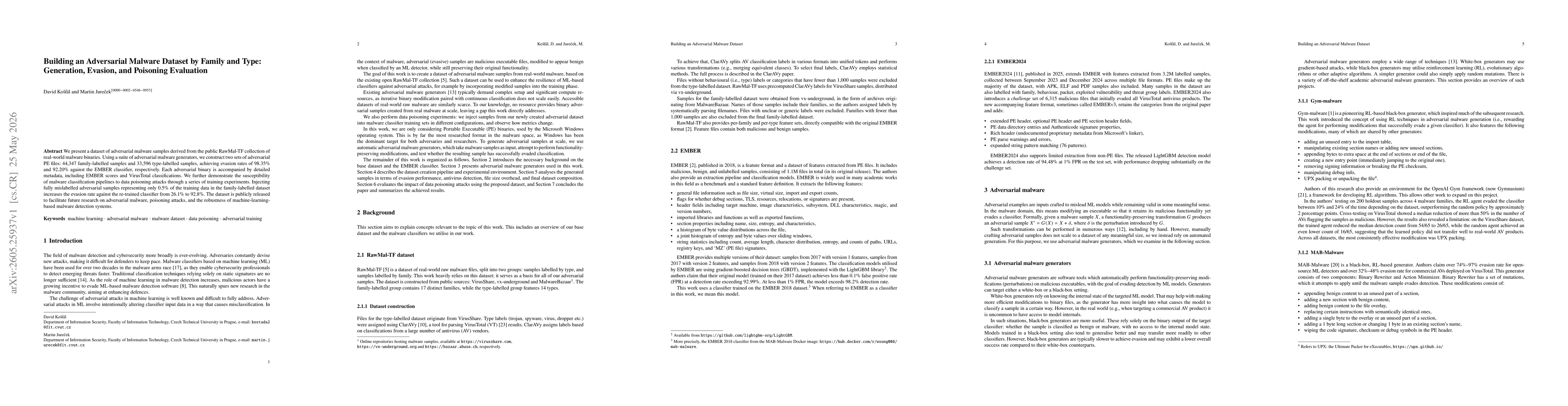 Thumbnail for Building an Adversarial Malware Dataset by Family and Type: Generation, Evasion, and Poisoning Evaluation