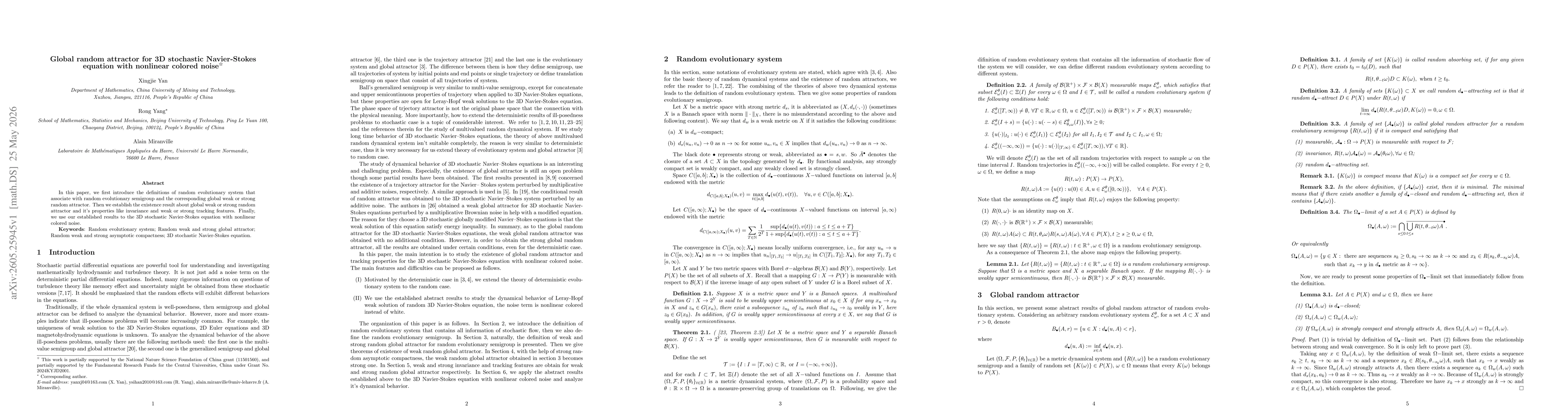 Thumbnail for Global random attractor for 3D stochastic Navier-Stokes equation with nonlinear colored noise