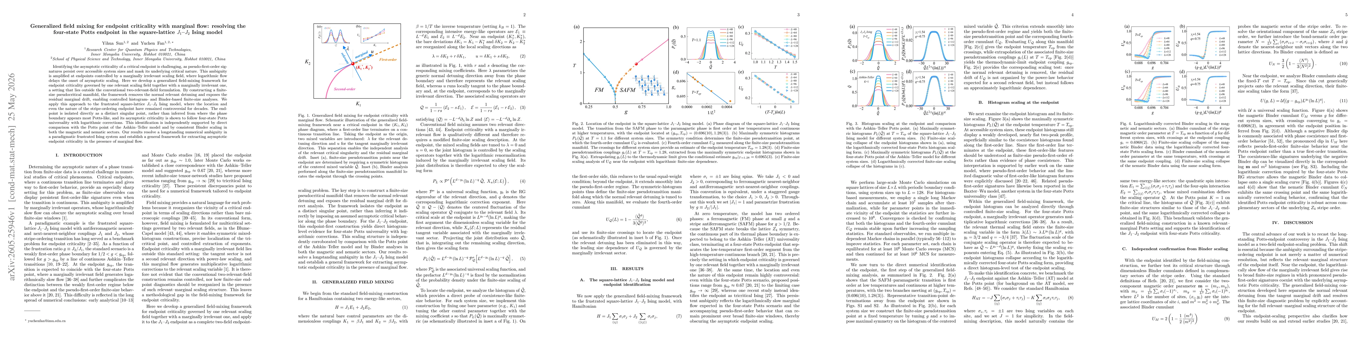Thumbnail for Generalized field mixing for endpoint criticality with marginal flow: resolving the four-state Potts endpoint in the square-lattice $J_1$--$J_2$ Ising model