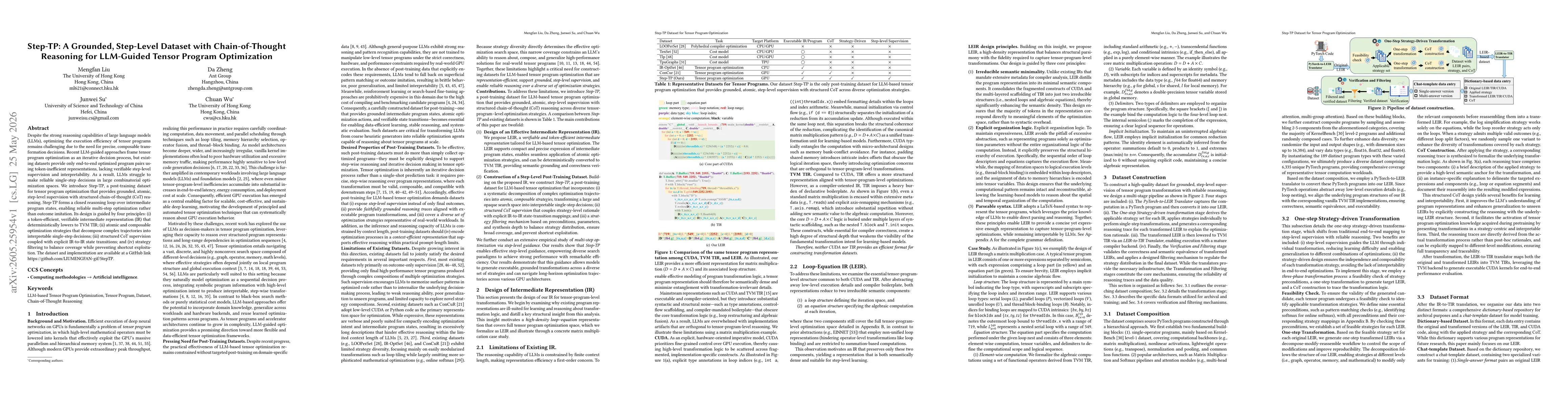 Thumbnail for Step-TP: A Grounded, Step-Level Dataset with Chain-of-Thought Reasoning for LLM-Guided Tensor Program Optimization
