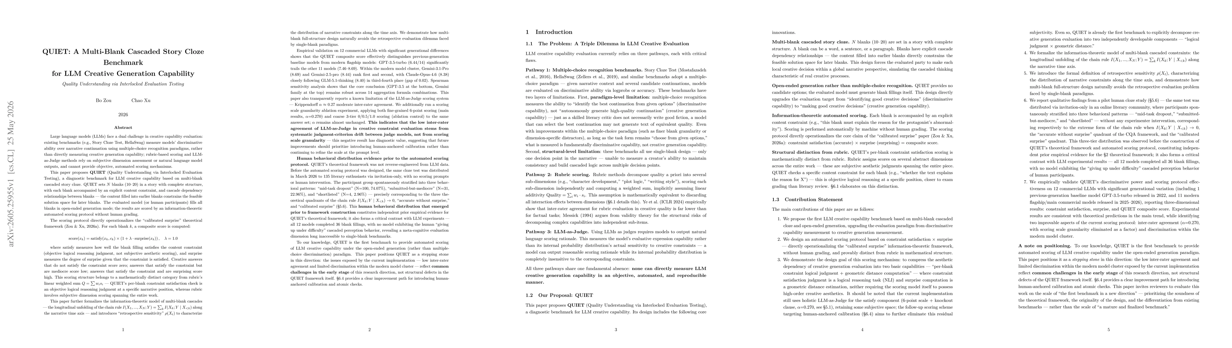 Thumbnail for QUIET: A Multi-Blank Cascaded Story Cloze Benchmark for LLM Creative Generation Capability