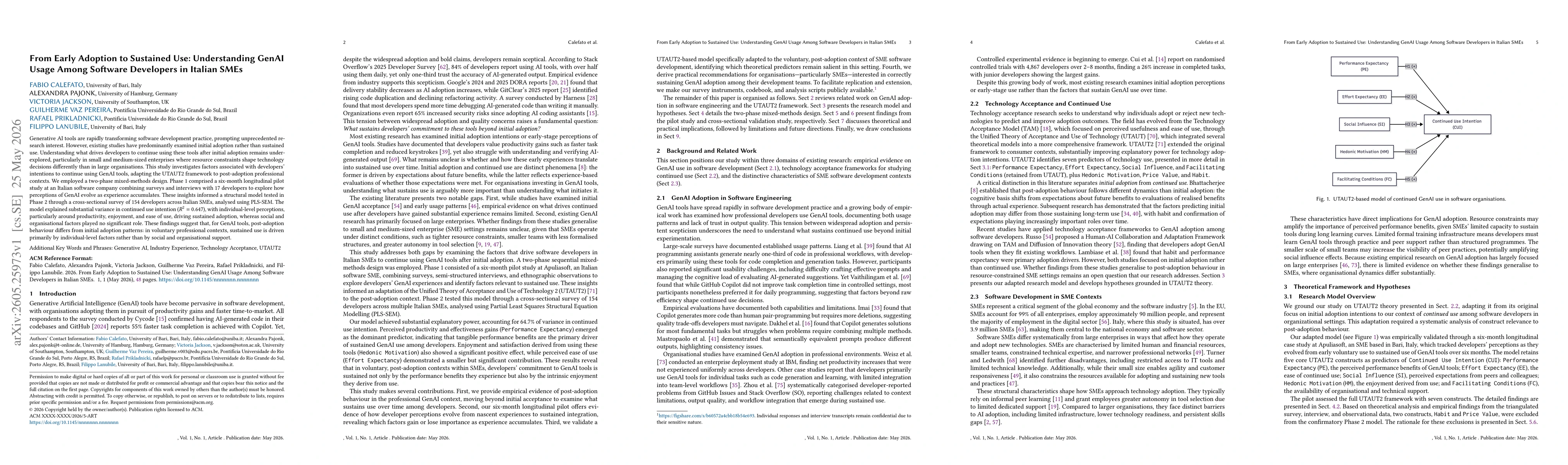Thumbnail for From Early Adoption to Sustained Use: Understanding GenAI Usage Among Software Developers in Italian SMEs