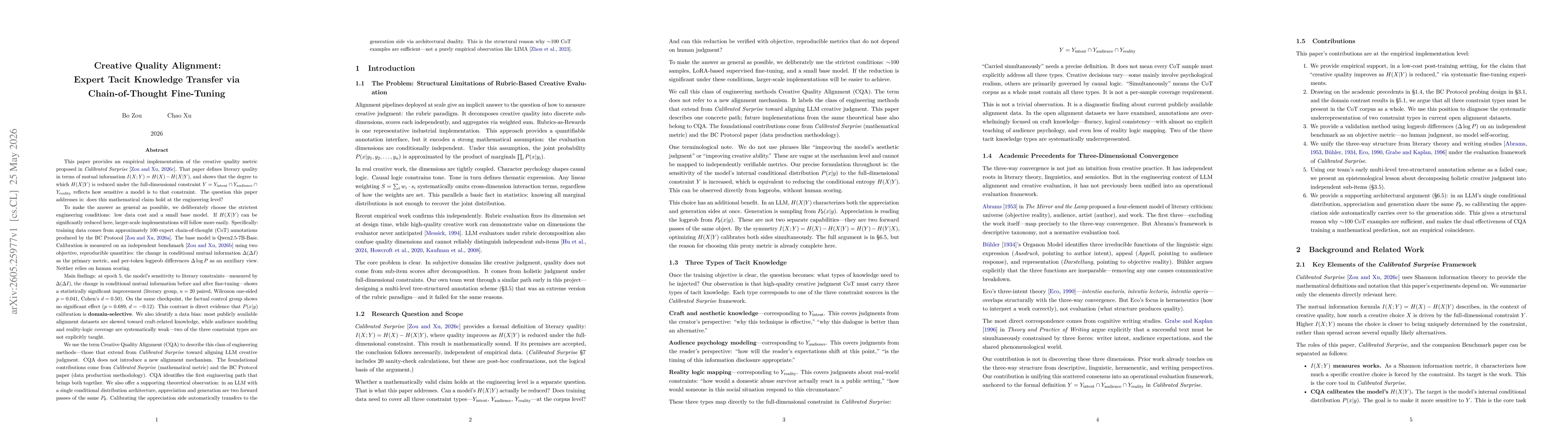 Thumbnail for Creative Quality Alignment: Expert Tacit Knowledge Transfer via Chain-of-Thought Fine-Tuning