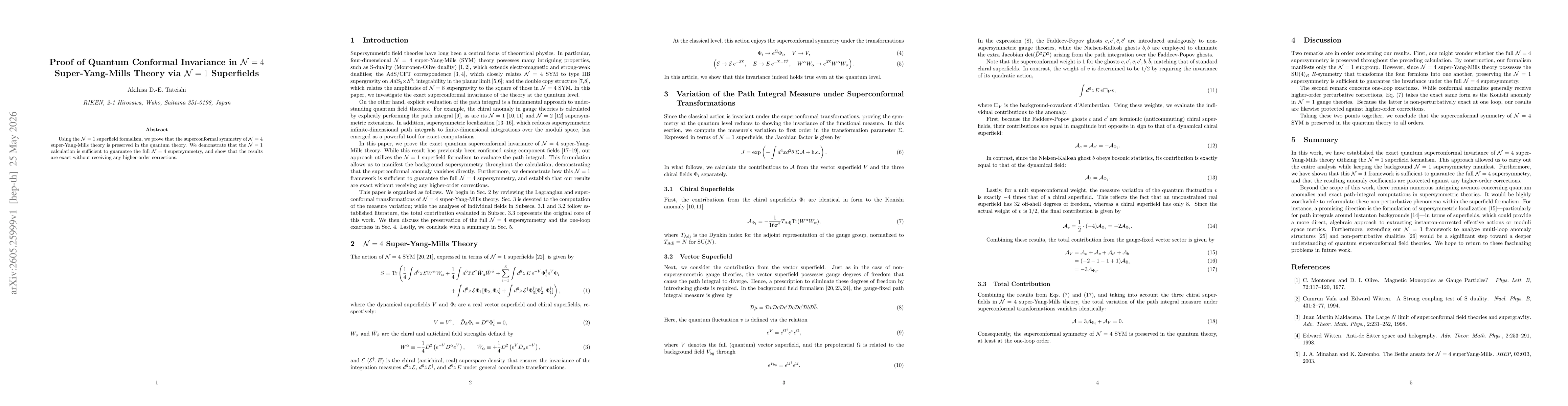 Thumbnail for Proof of Quantum Conformal Invariance in $\mathcal N=4$ Super-Yang-Mills Theory via $\mathcal N=1$ Superfields