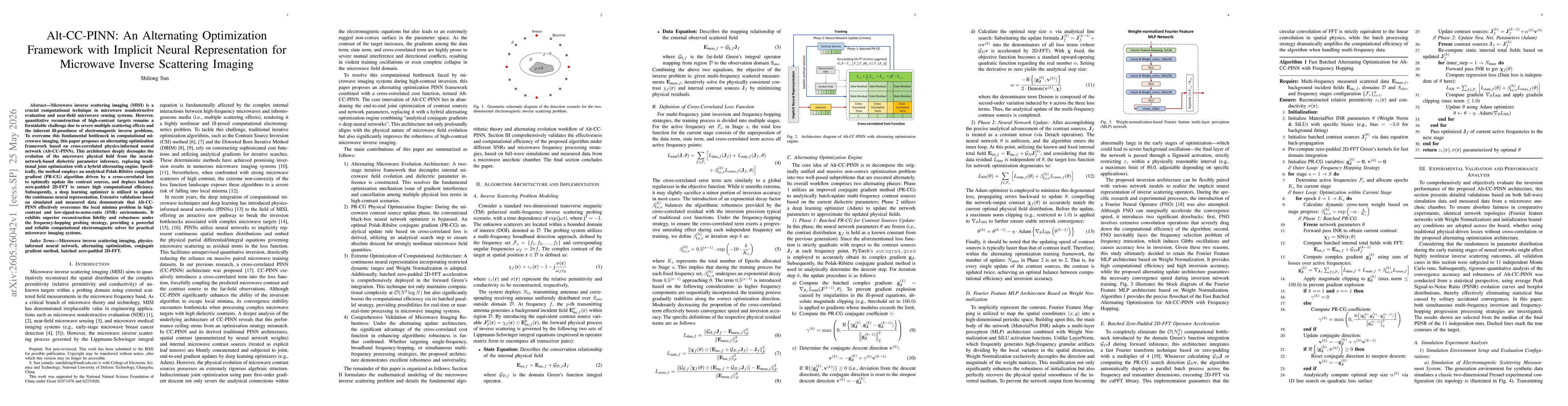 Thumbnail for Alt-CC-PINN: An Alternating Optimization Framework with Implicit Neural Representation for Microwave Inverse Scattering Imaging