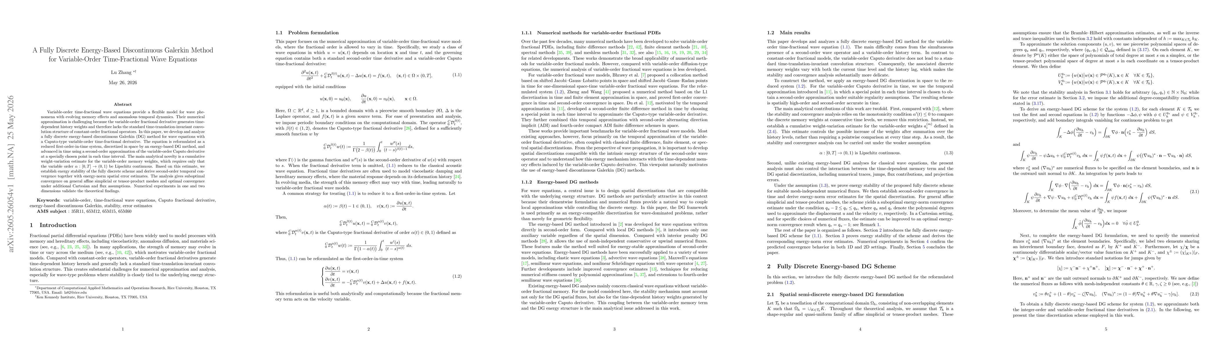 Thumbnail for A Fully Discrete Energy-Based Discontinuous Galerkin Method for Variable-Order Time-Fractional Wave Equations