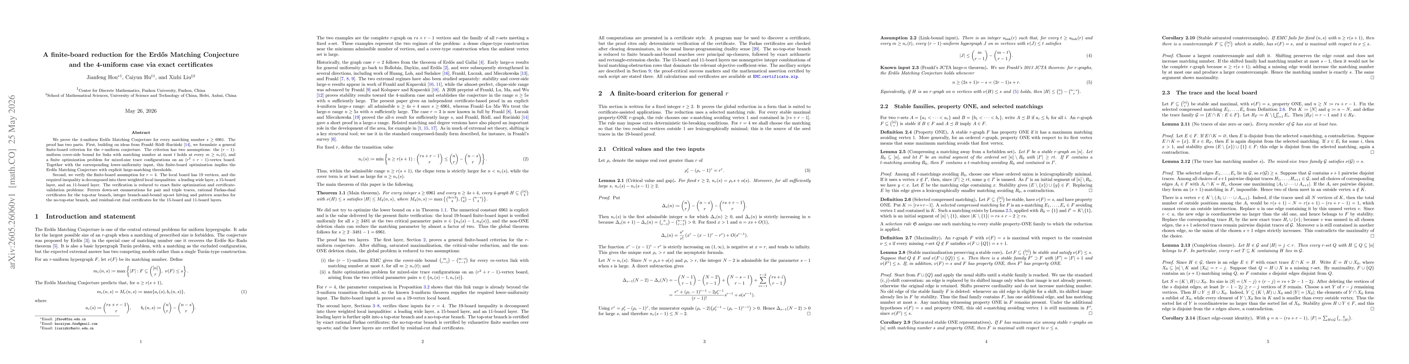 Thumbnail for A finite-board reduction for the Erdős Matching Conjecture and the 4-uniform case via exact certificates
