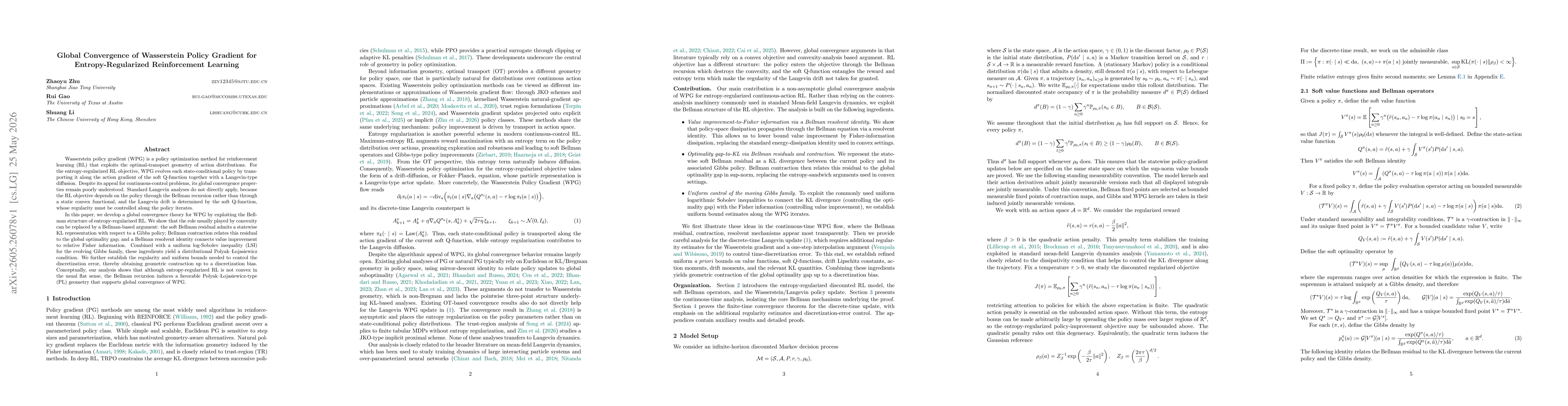 Thumbnail for Global Convergence of Wasserstein Policy Gradient for Entropy-Regularized Reinforcement Learning