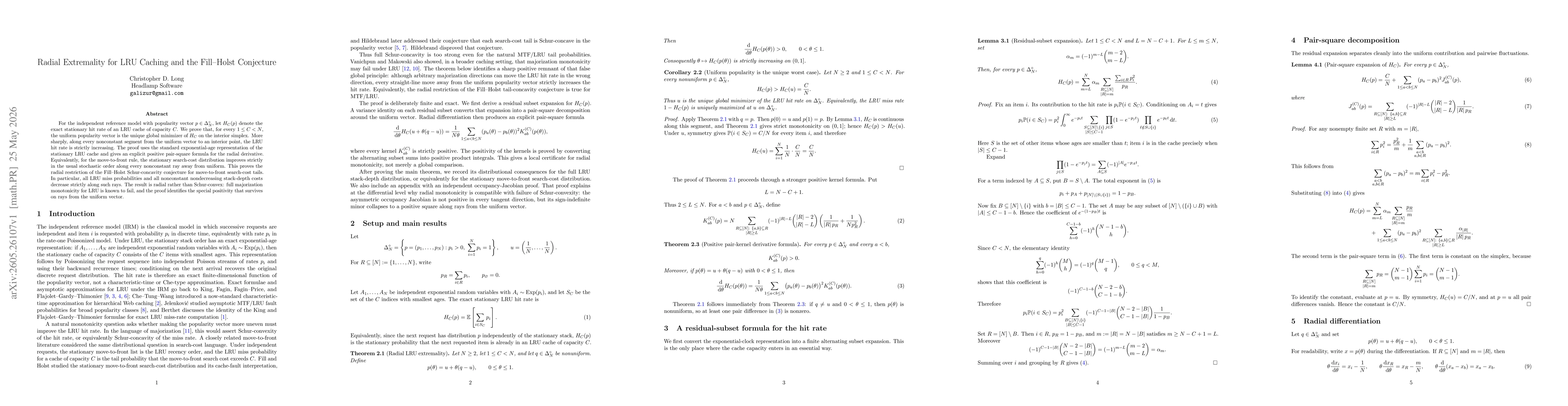Thumbnail for Radial Extremality for LRU Caching and the Fill--Holst Conjecture