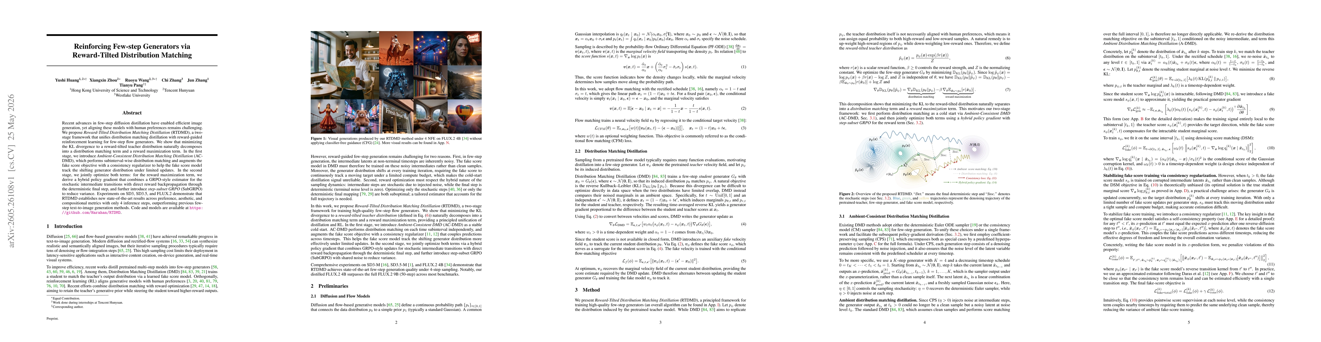 Thumbnail for Reinforcing Few-step Generators via Reward-Tilted Distribution Matching