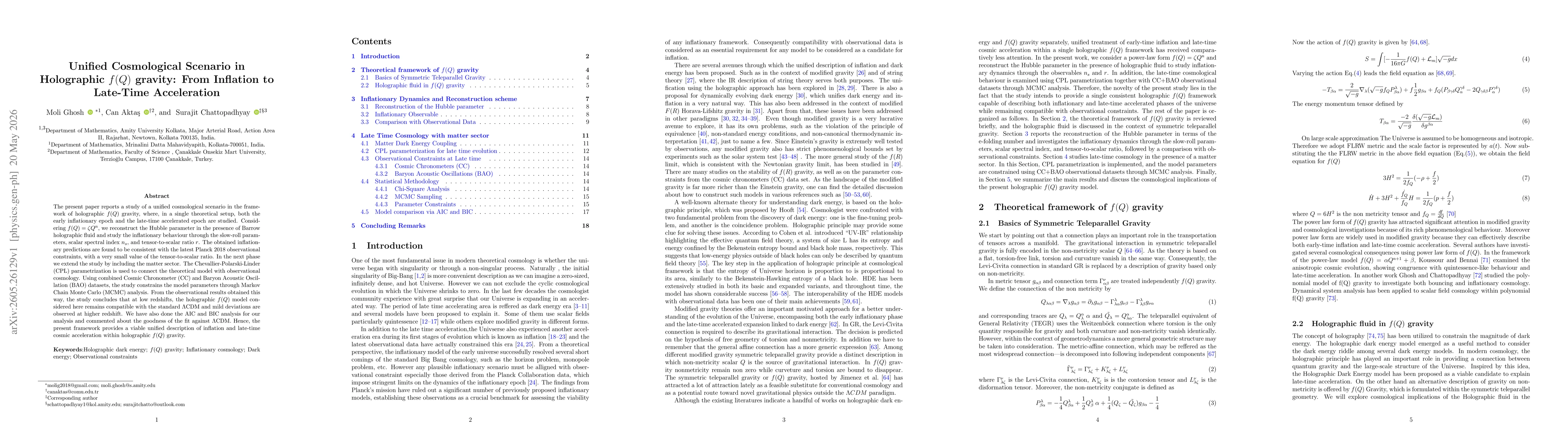 Thumbnail for Unified Cosmological Scenario in Holographic $f(Q)$ gravity: From Inflation to Late-Time Acceleration