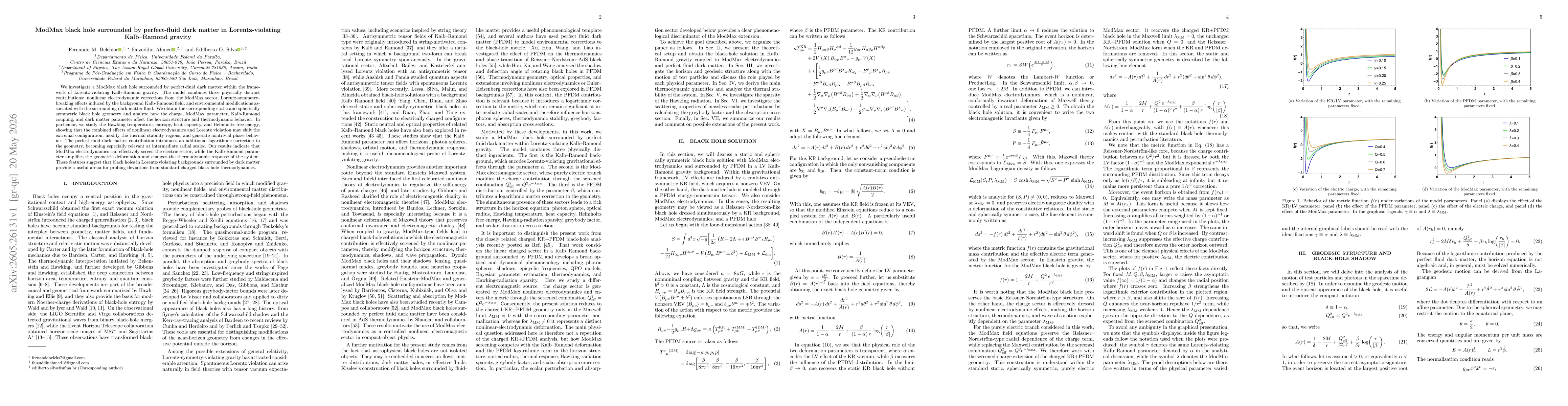 Thumbnail for ModMax black hole surrounded by perfect-fluid dark matter in Lorentz-violating Kalb-Ramond gravity