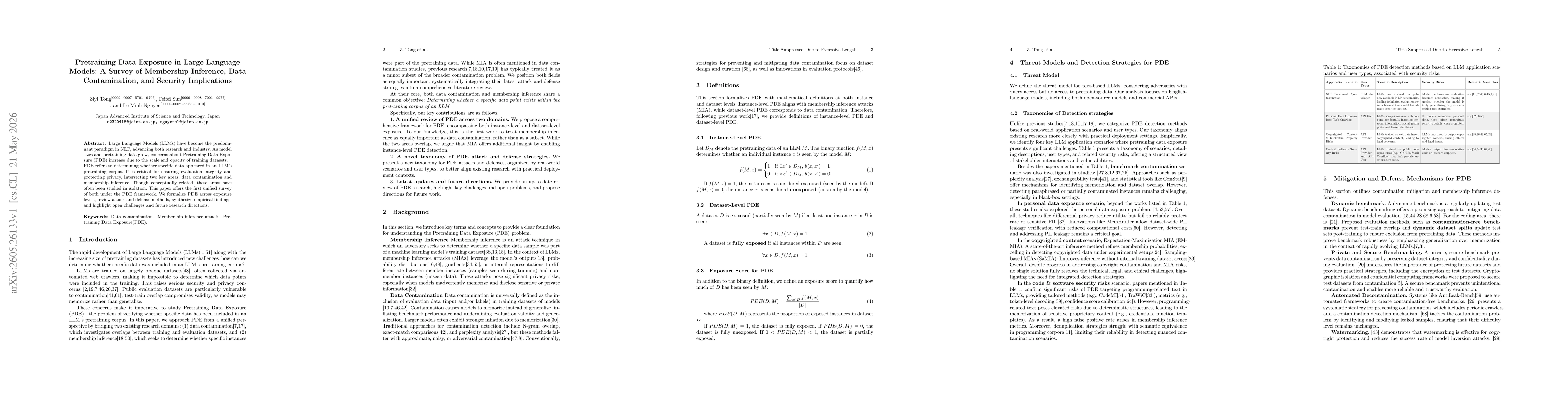 Thumbnail for Pretraining Data Exposure in Large Language Models: A Survey of Membership Inference, Data Contamination, and Security Implications