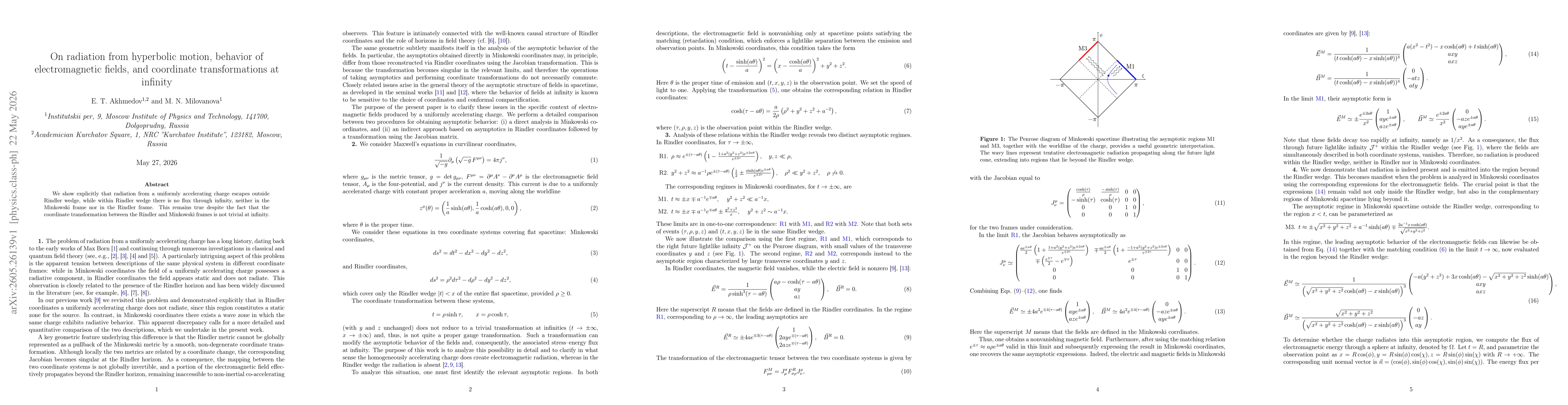 Thumbnail for On radiation from hyperbolic motion, behavior of electromagnetic fields, and coordinate transformations at infinity