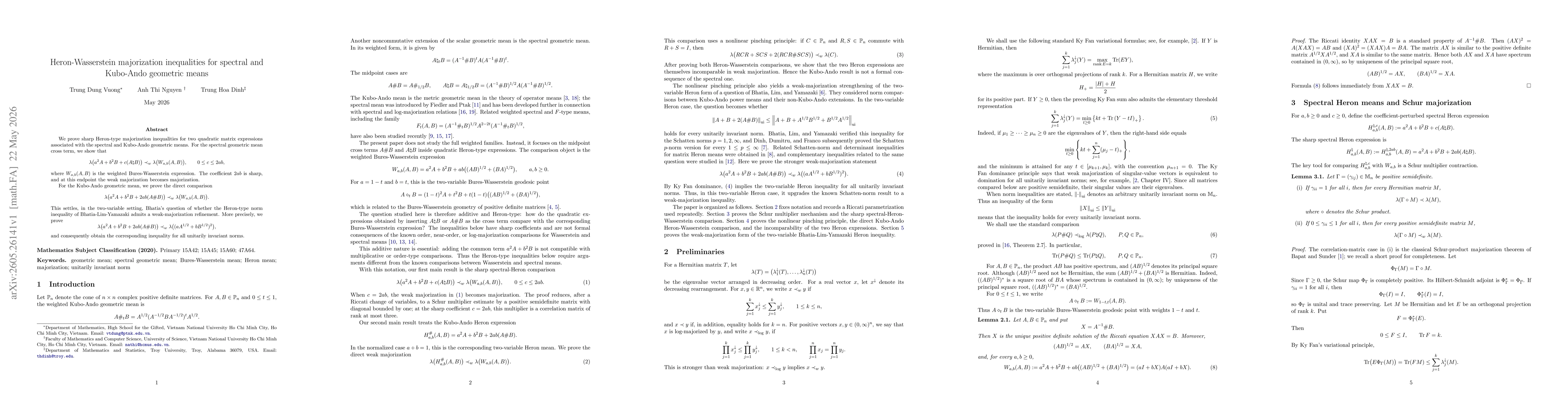 Thumbnail for Heron-Wasserstein majorization inequalities for spectral and Kubo-Ando geometric means