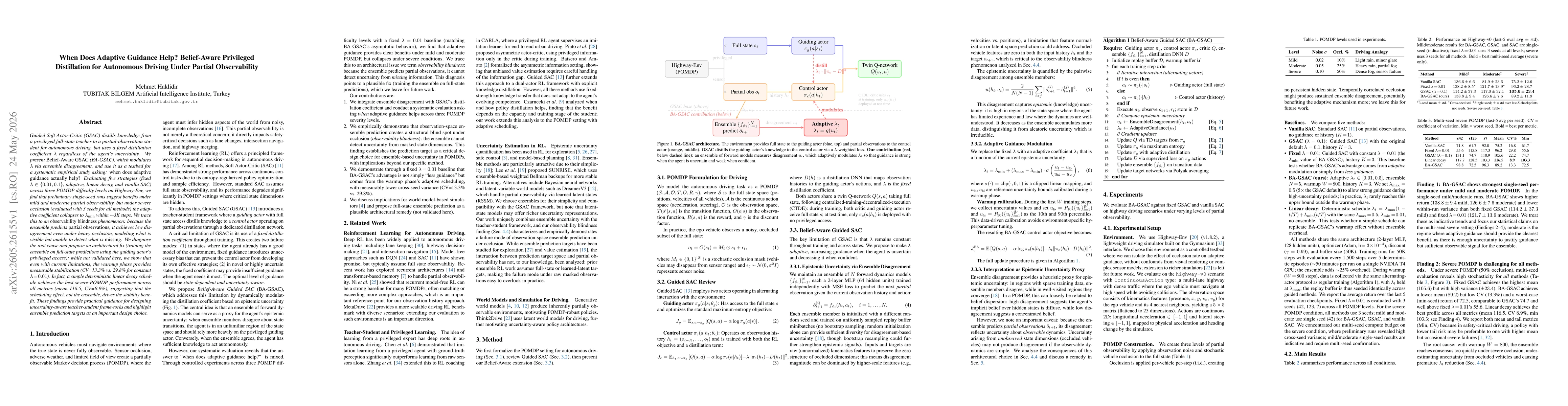 Thumbnail for When Does Adaptive Guidance Help? Belief-Aware Privileged Distillation for Autonomous Driving Under Partial Observability