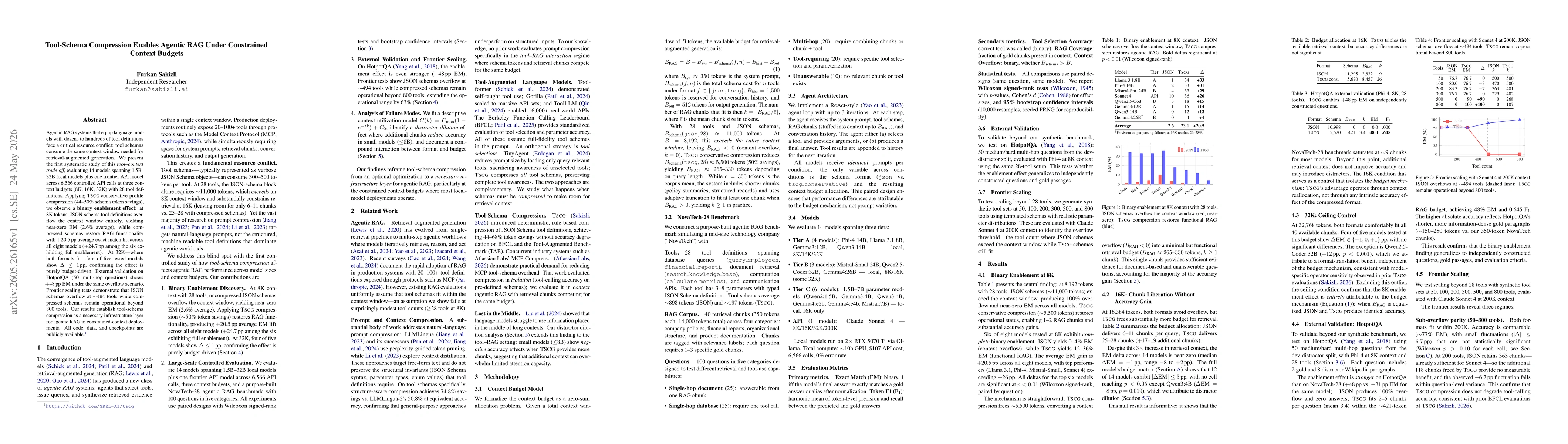 Thumbnail for Tool-Schema Compression Enables Agentic RAG Under Constrained Context Budgets