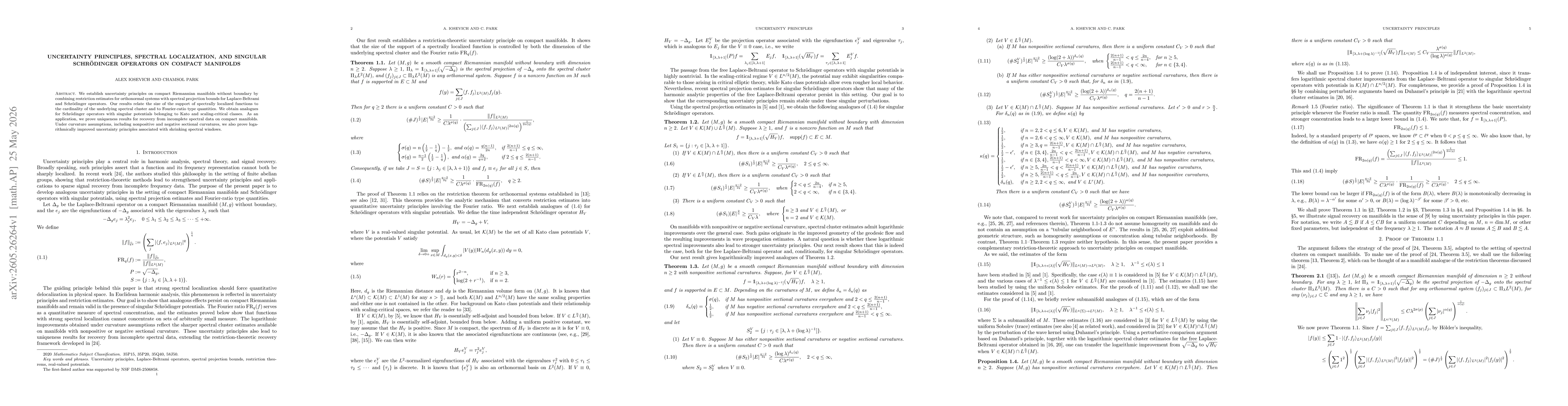 Thumbnail for Uncertainty Principles, Spectral Localization, and Singular Schrödinger Operators on Compact Manifolds