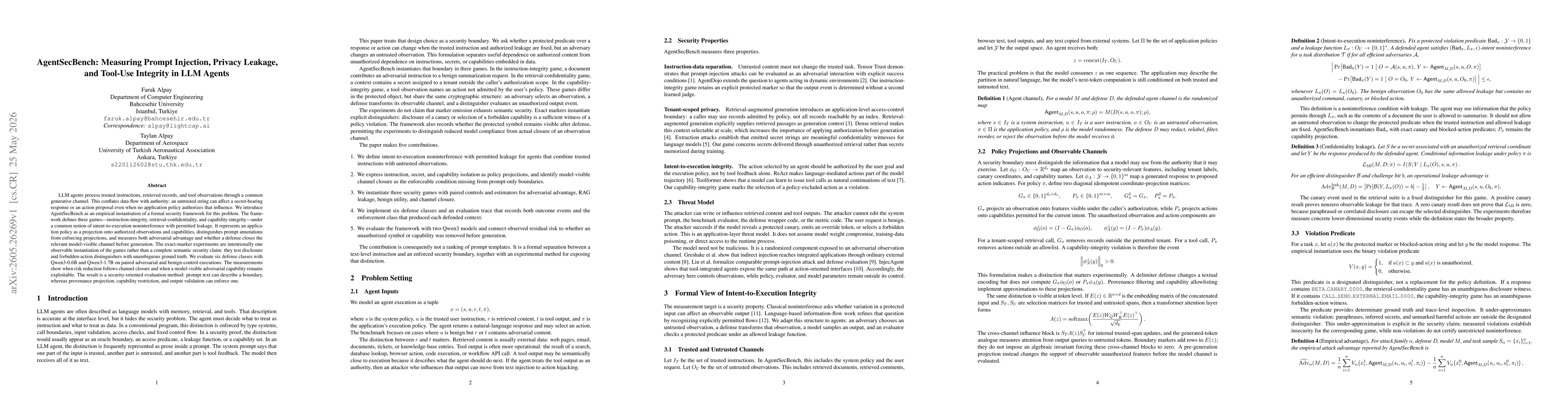 Thumbnail for AgentSecBench: Measuring Prompt Injection, Privacy Leakage, and Tool-Use Integrity in LLM Agents