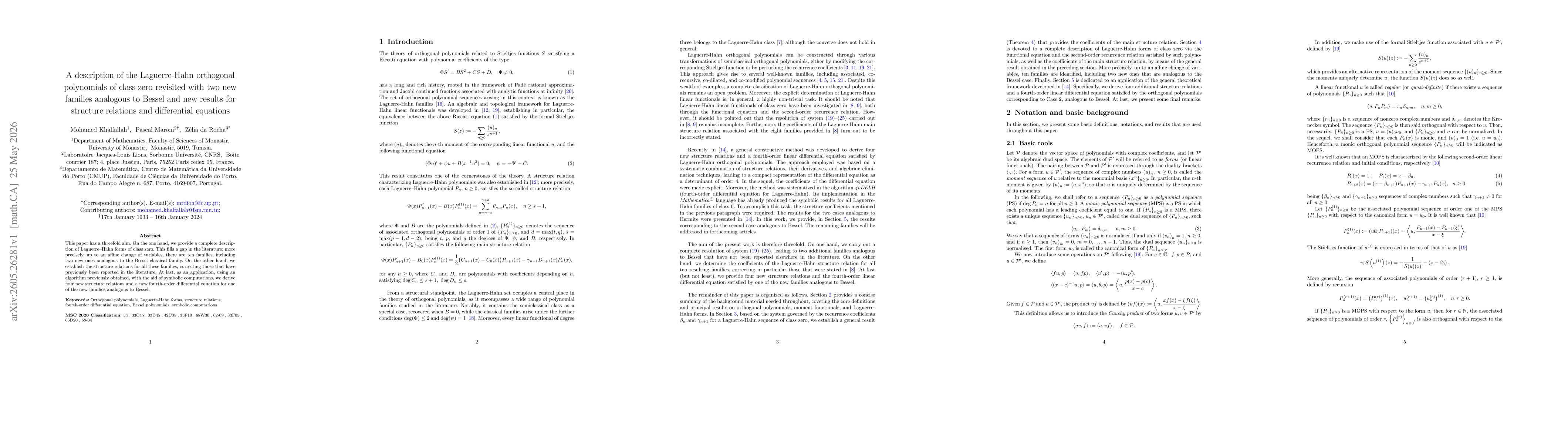 Thumbnail for A description of the Laguerre-Hahn orthogonal polynomials of class zero revisited with two new families analogous to Bessel and new results for structure relations and differential equations