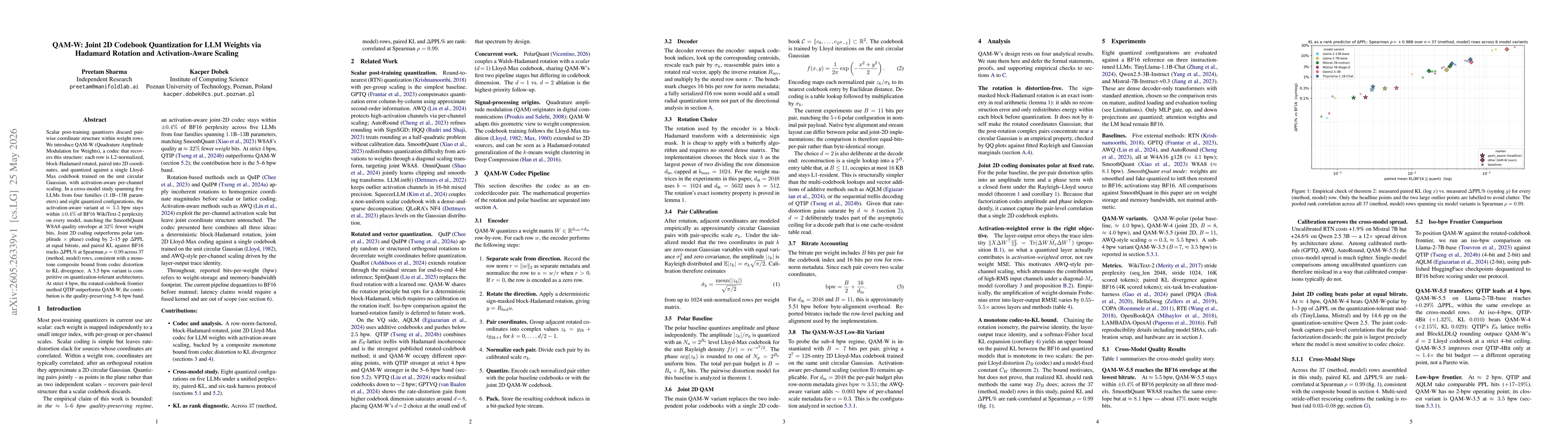 Thumbnail for QAM-W: Joint 2D Codebook Quantization for LLM Weights via Hadamard Rotation and Activation-Aware Scaling