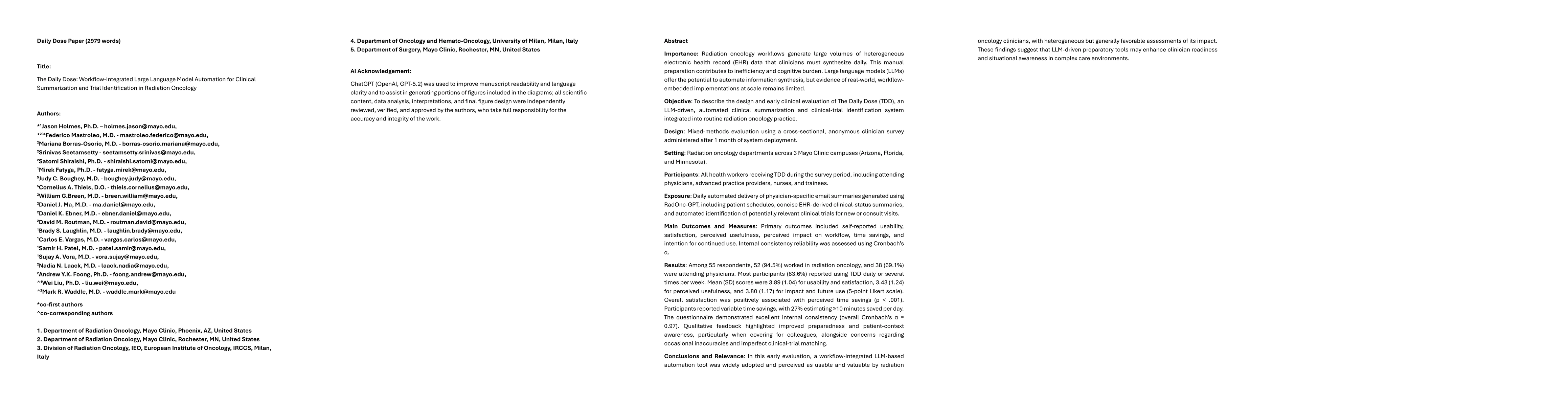 Thumbnail for The Daily Dose: Workflow-Integrated Large Language Model Automation for Clinical Summarization and Trial Identification in Radiation Oncology