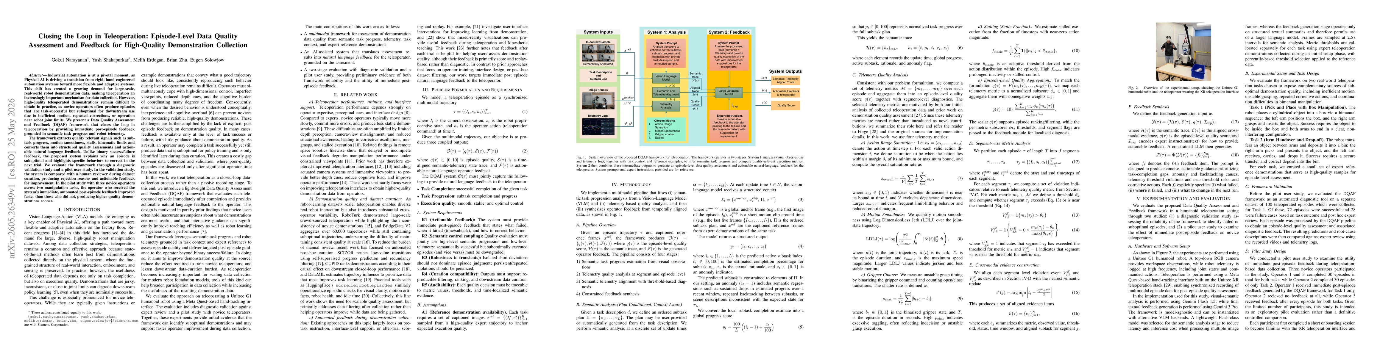 Thumbnail for Closing the Loop in Teleoperation: Episode-Level Data Quality Assessment and Feedback for High-Quality Demonstration Collection