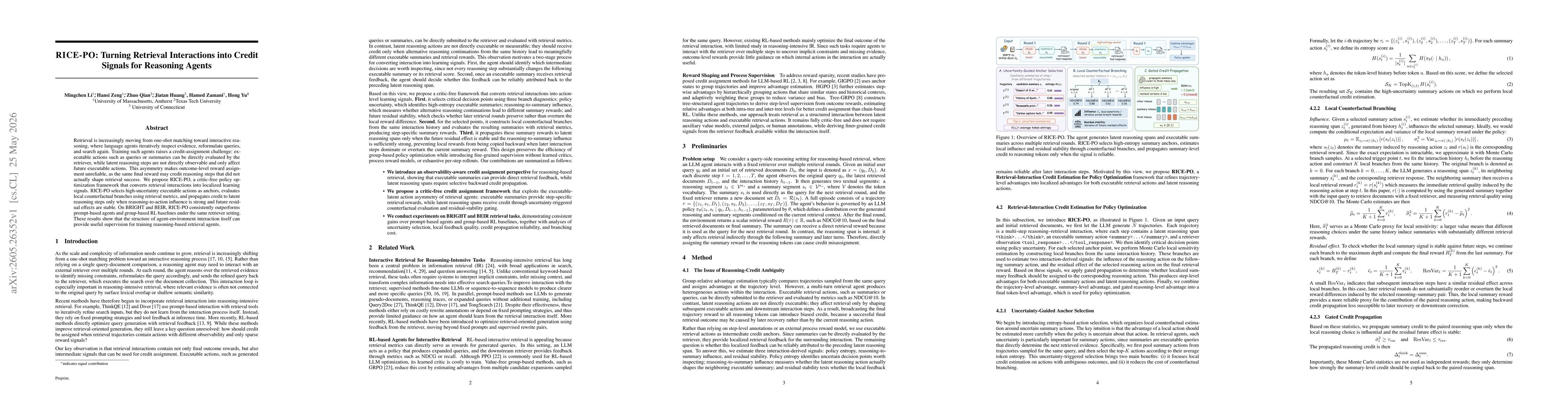 Thumbnail for RICE-PO: Turning Retrieval Interactions into Credit Signals for Reasoning Agents