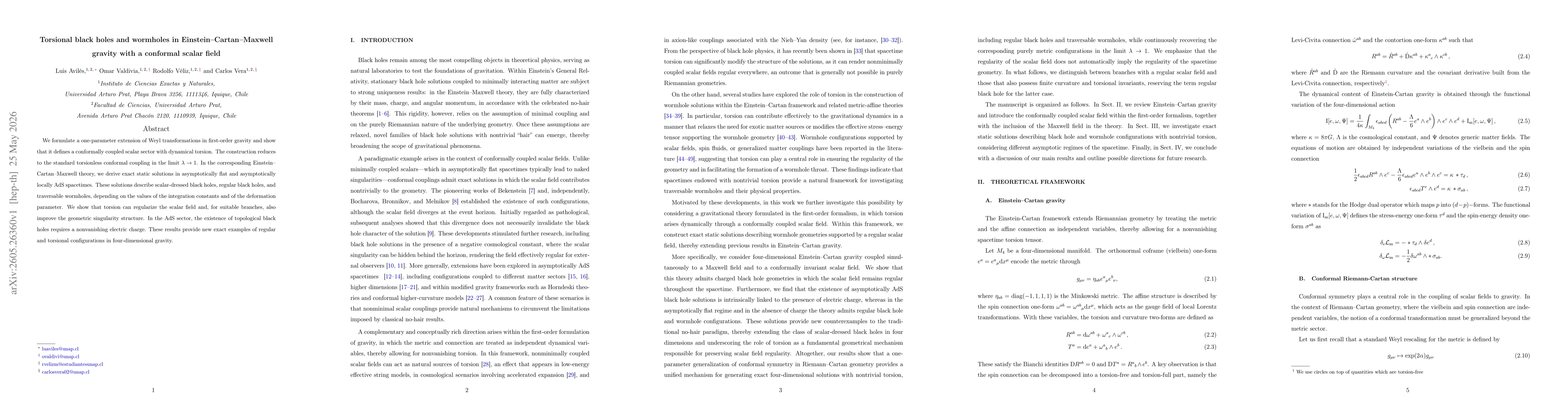 Thumbnail for Torsional black holes and wormholes in Einstein-Cartan-Maxwell gravity with a conformal scalar field