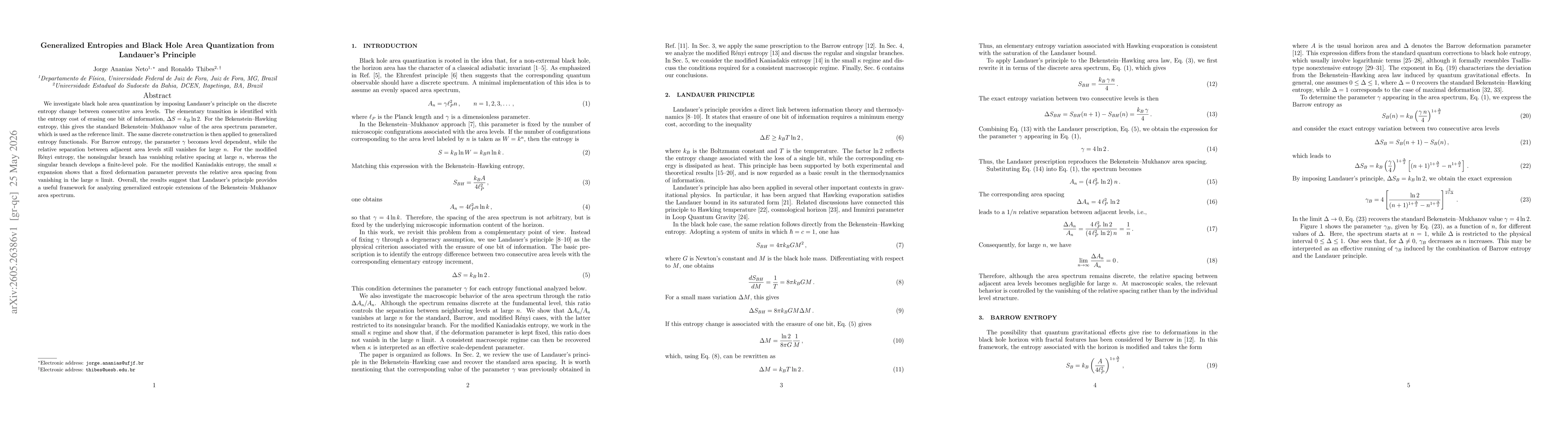 Thumbnail for Generalized Entropies and Black Hole Area Quantization from Landauer's Principle