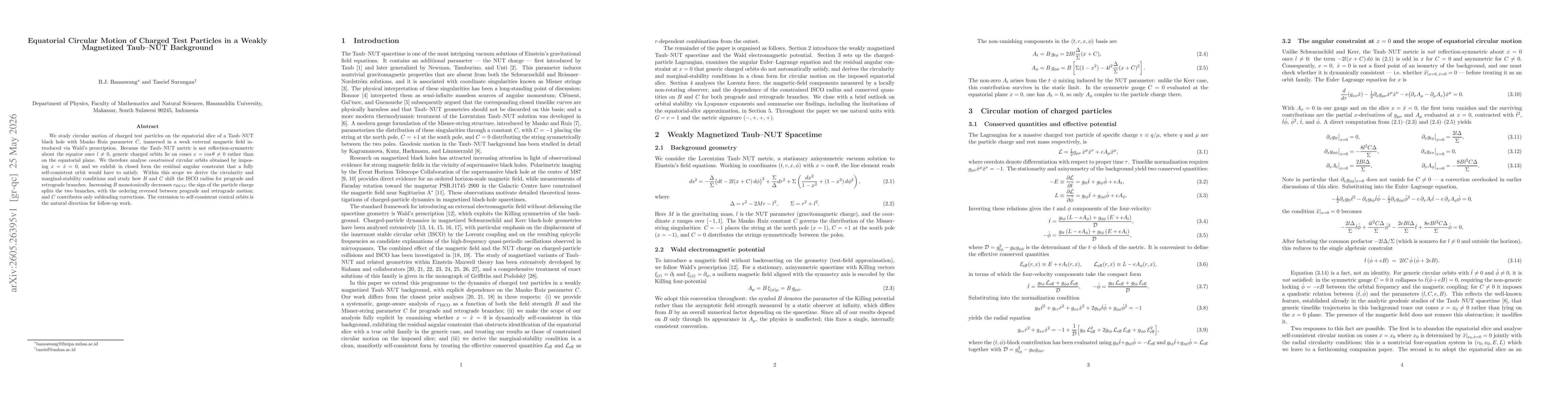 Thumbnail for Equatorial Circular Motion of Charged Test Particles in a Weakly Magnetized Taub--NUT Background