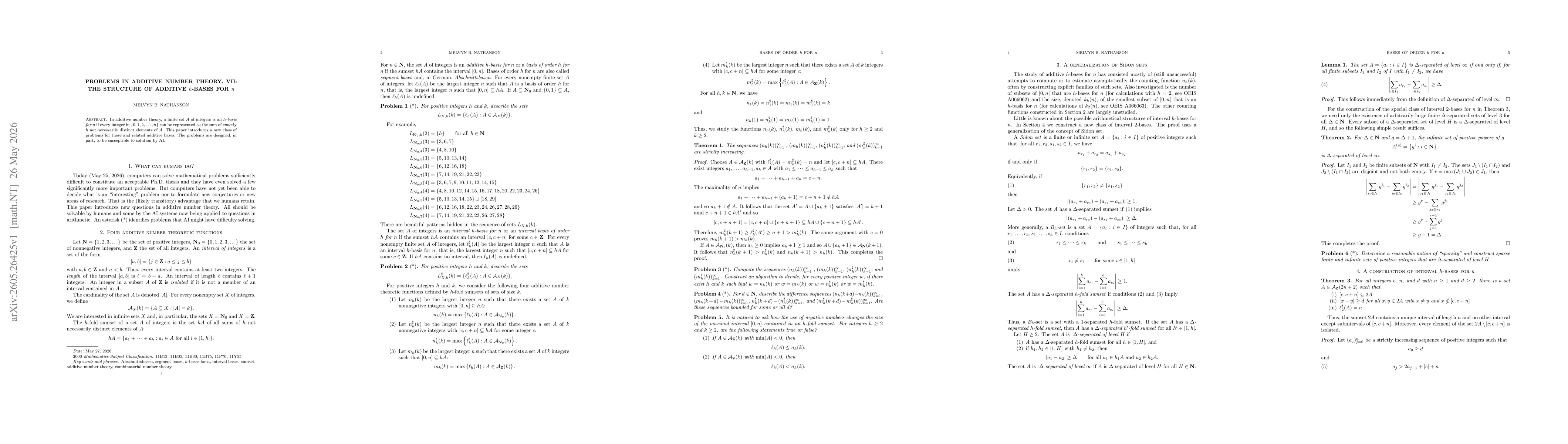 Thumbnail for Problems in additive number theory, VII: The structure of additive $h$-bases for $n$