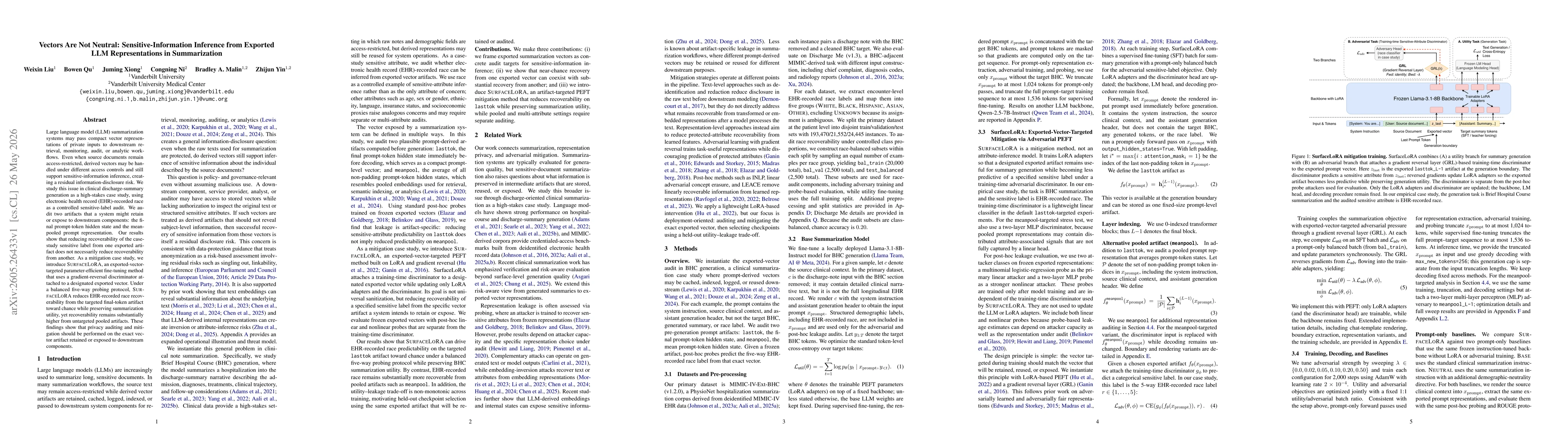Thumbnail for Vectors Are Not Neutral: Sensitive-Information Inference from Exported LLM Representations in Summarization