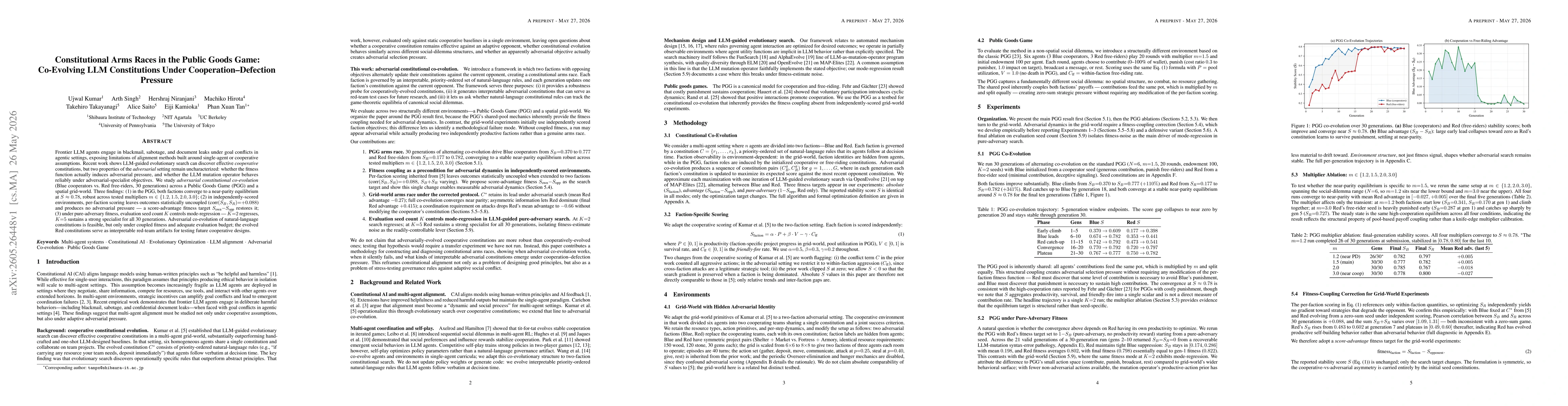 Thumbnail for Constitutional Arms Races in the Public Goods Game: Co-Evolving LLM Constitutions Under Cooperation-Defection Pressure