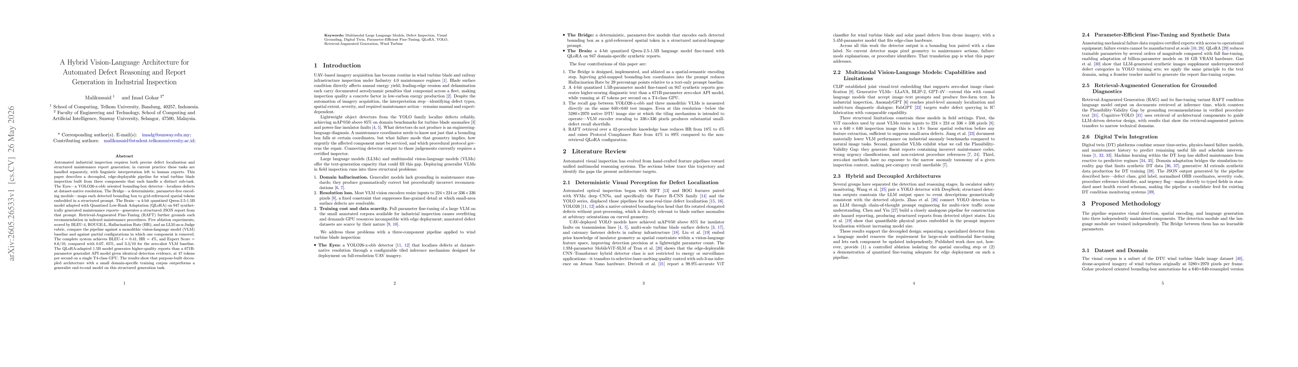 Thumbnail for A Hybrid Vision-Language Architecture for Automated Defect Reasoning and Report Generation in Industrial Inspection