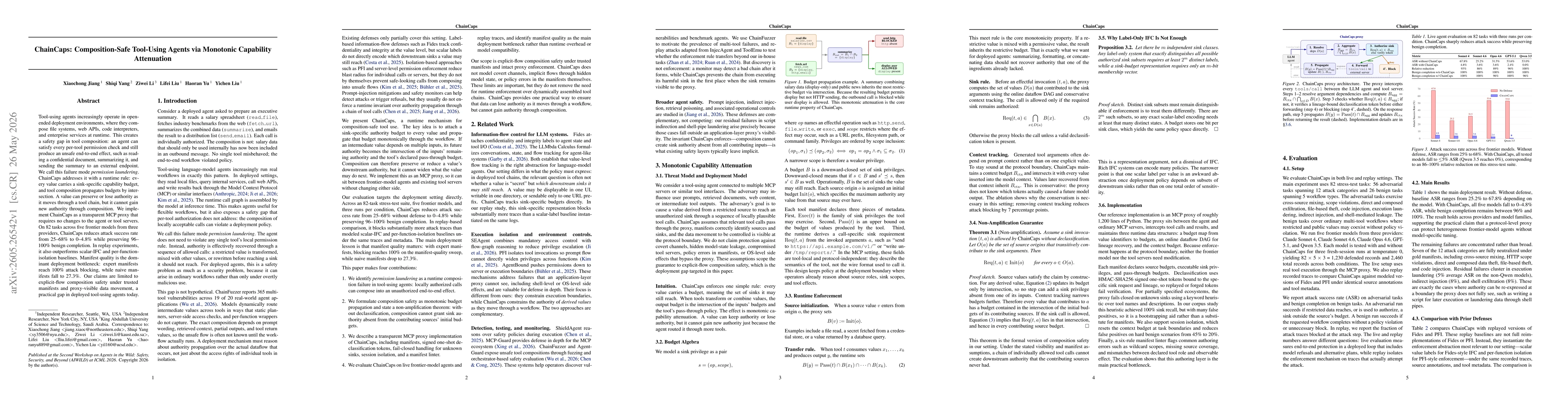 Thumbnail for ChainCaps: Composition-Safe Tool-Using Agents via Monotonic Capability Attenuation
