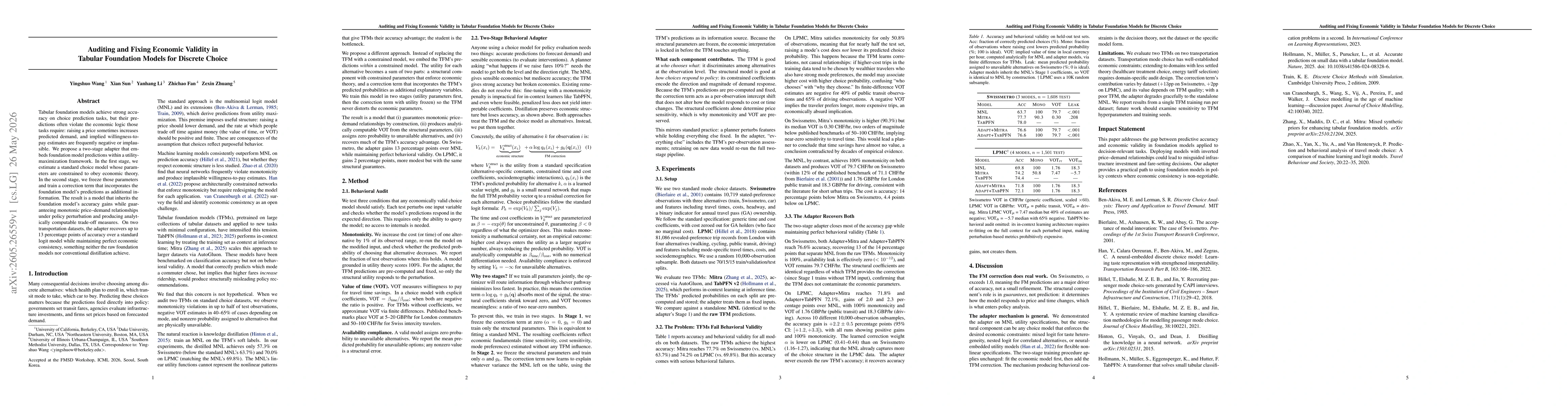 Thumbnail for Auditing and Fixing Economic Validity in Tabular Foundation Models for Discrete Choice