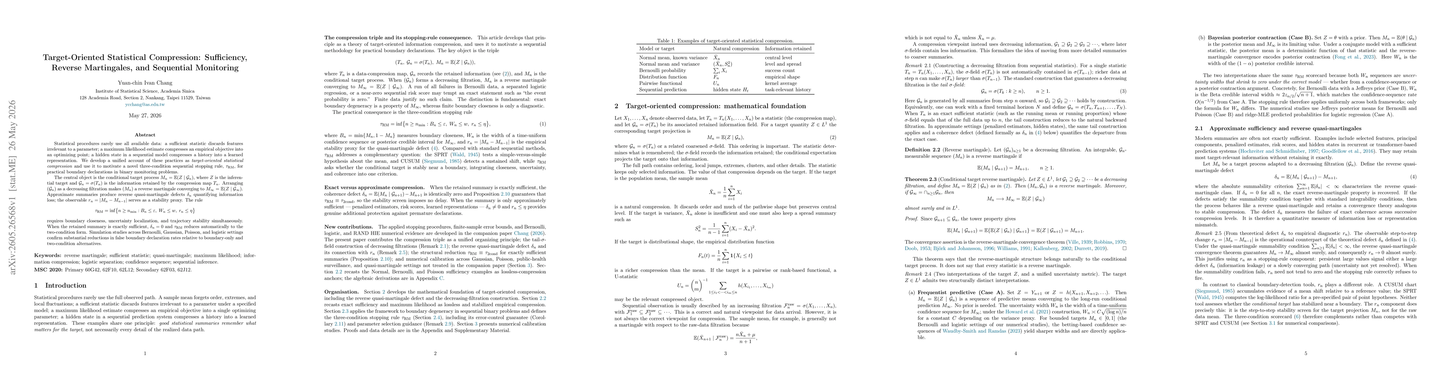 Thumbnail for Target-Oriented Statistical Compression: Sufficiency, Reverse Martingales, and Sequential Monitoring