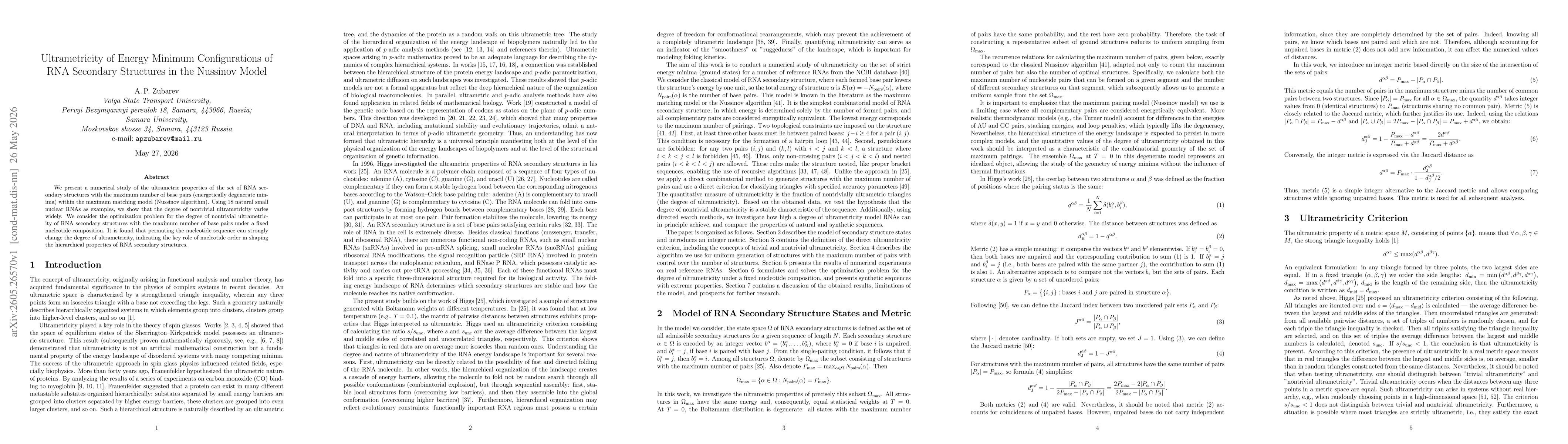 Thumbnail for Ultrametricity of Energy Minimum Configurations of RNA Secondary Structures in the Nussinov Model