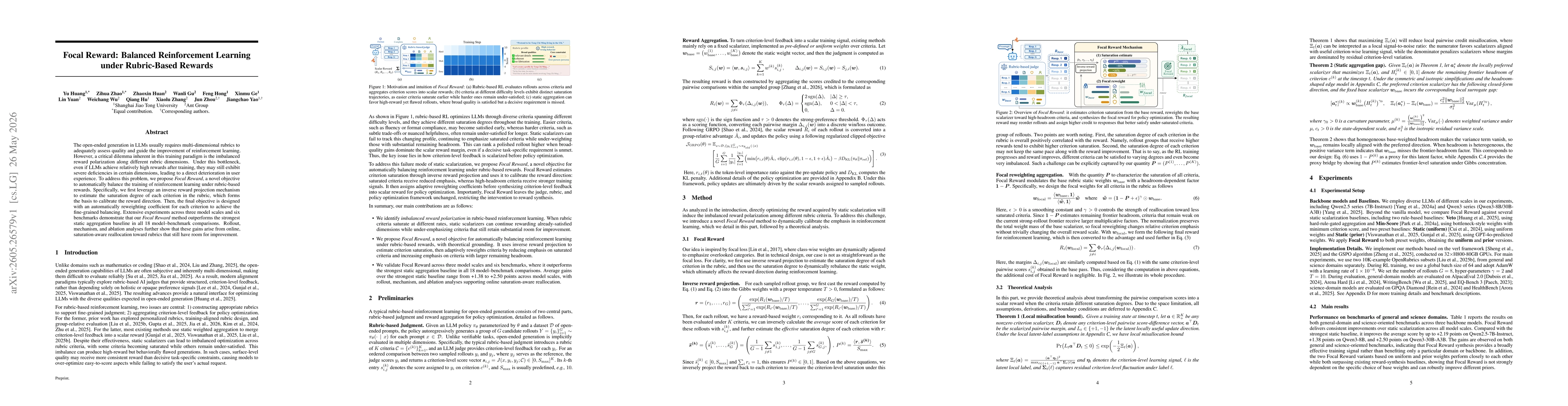 Thumbnail for Focal Reward: Balanced Reinforcement Learning under Rubric-Based Rewards
