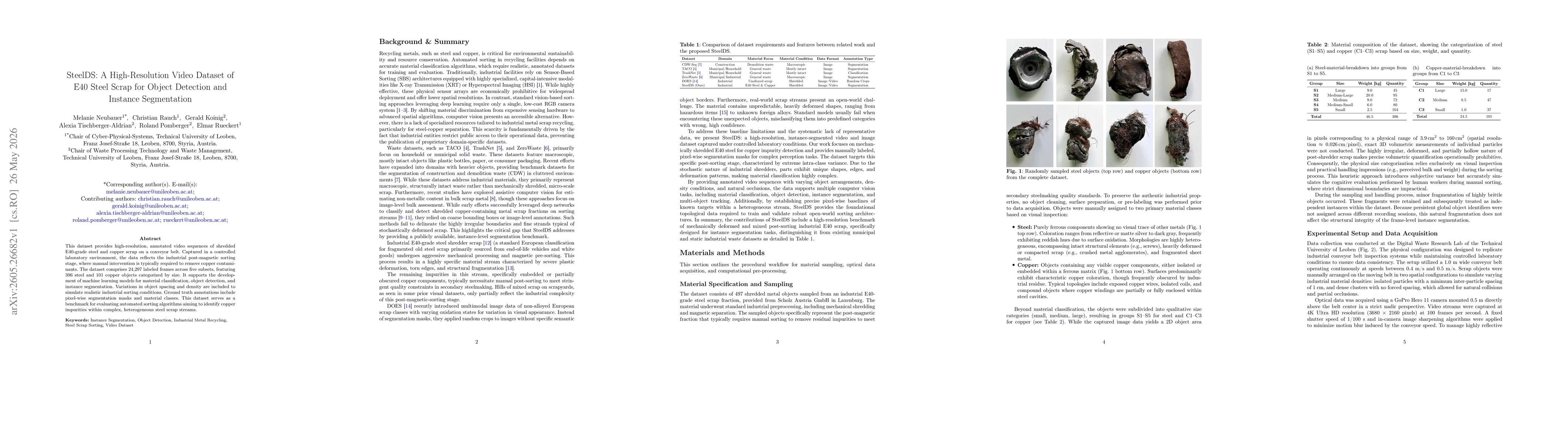 Thumbnail for SteelDS: A High-Resolution Video Dataset of E40 Steel Scrap for Object Detection and Instance Segmentation