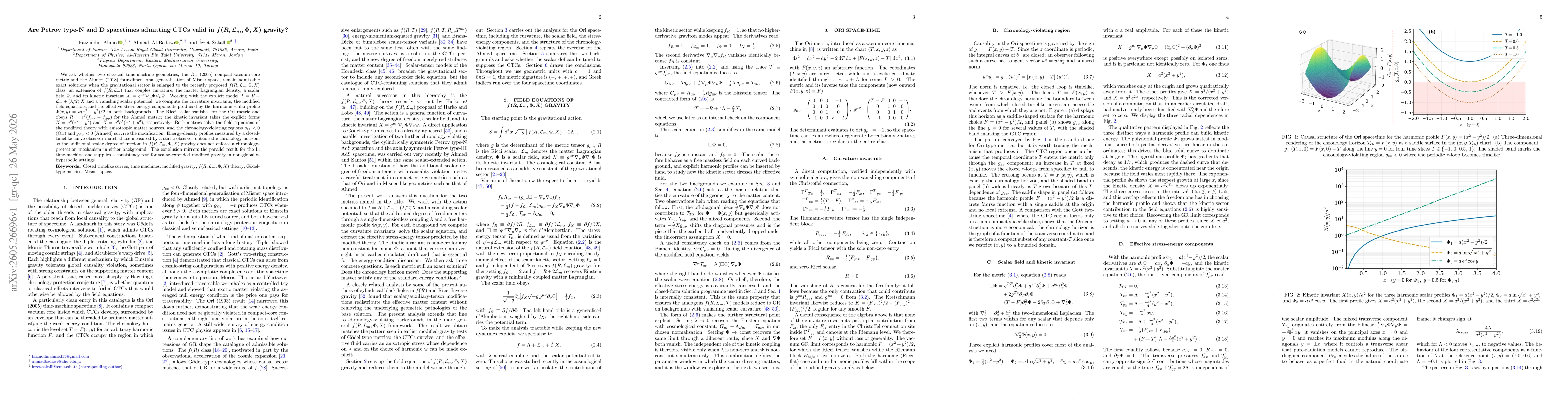 Thumbnail for Are Petrov type-N and D spacetimes admitting CTCs valid in $f(R,\mathcal{L}_m,Φ,X)$ gravity?