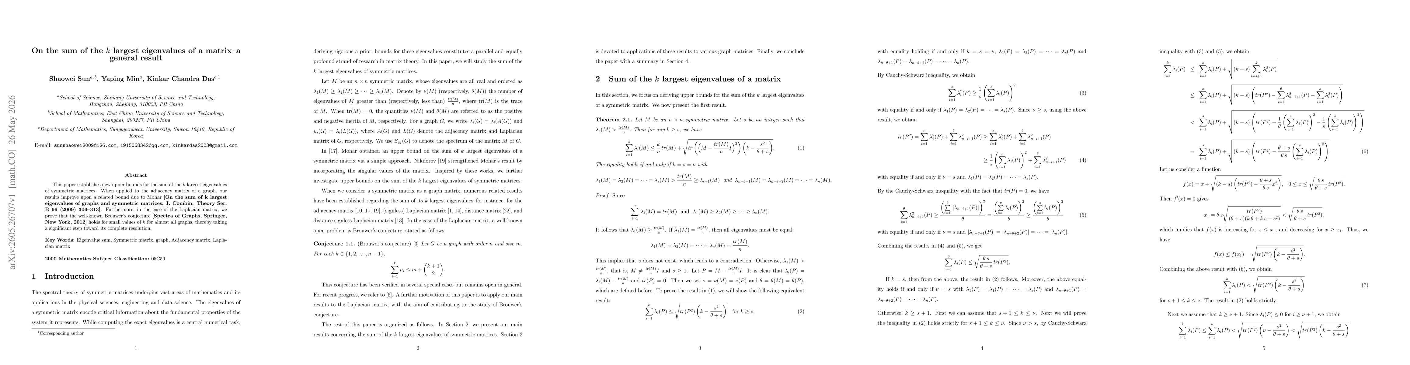Thumbnail for Sum of the $k$ Largest Eigenvalues of Symmetric Matrices: Theory and Applications
