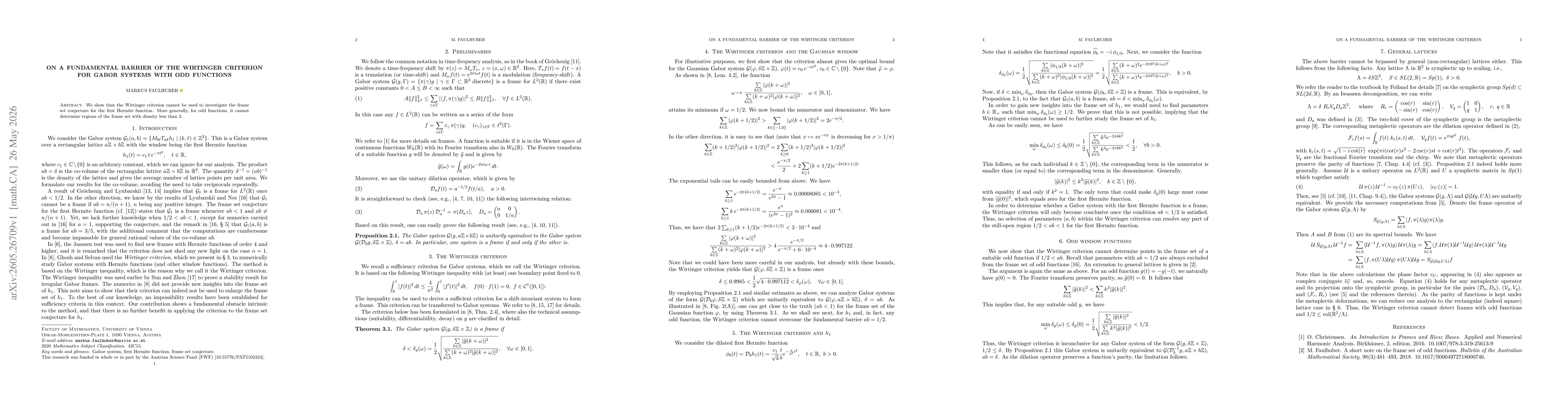 Thumbnail for On a fundamental barrier of the Wirtinger criterion for Gabor systems with odd functions