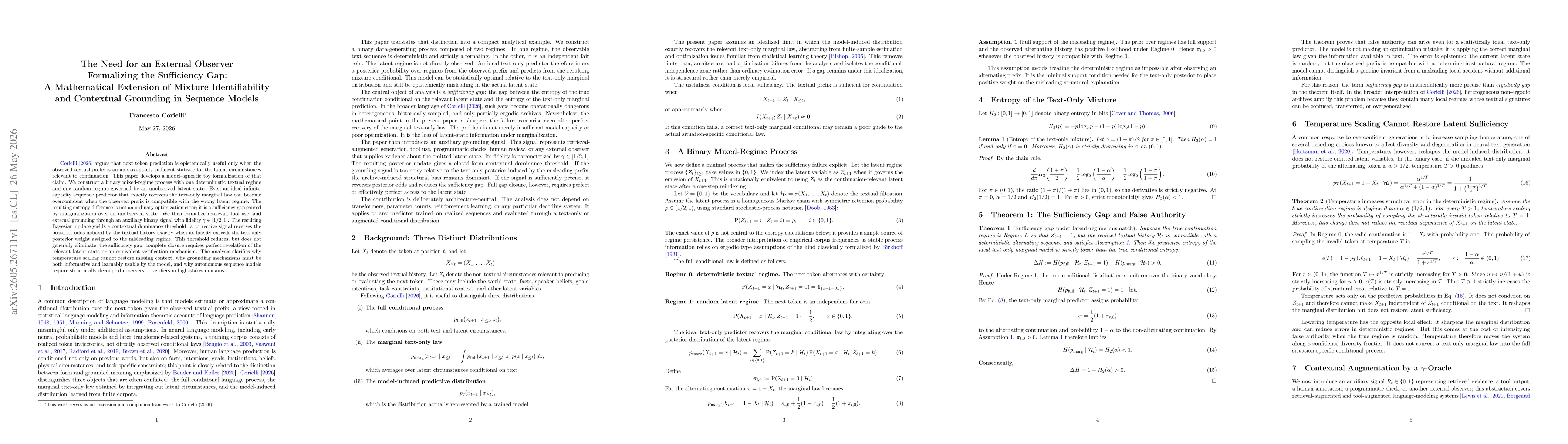 Thumbnail for The Need for an External Observer Formalizing the Sufficiency Gap: A Mathematical Extension of Mixture Identifiability and Contextual Grounding in Sequence Models