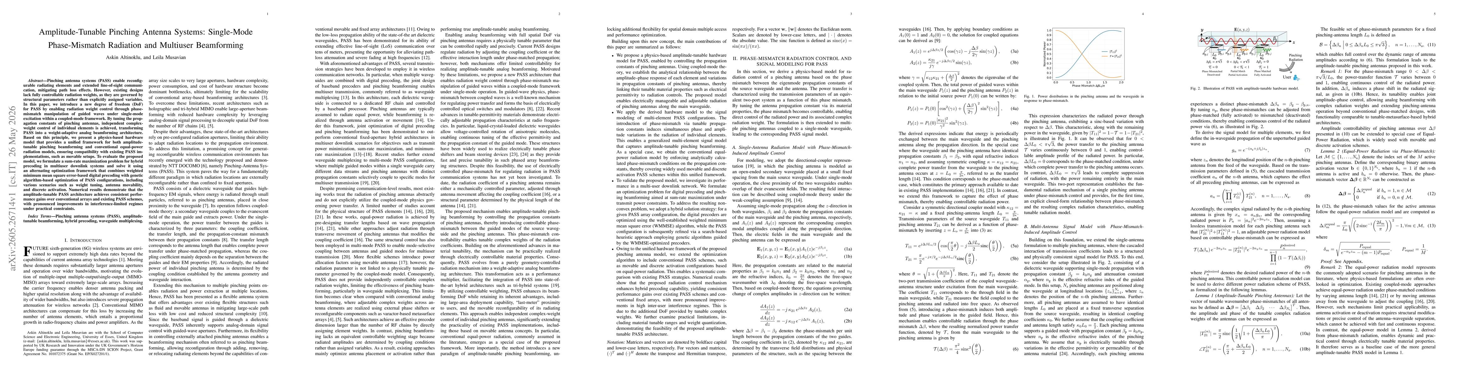 Thumbnail for Amplitude-Tunable Pinching Antenna Systems: Single-Mode Phase-Mismatch Radiation and Multiuser Beamforming