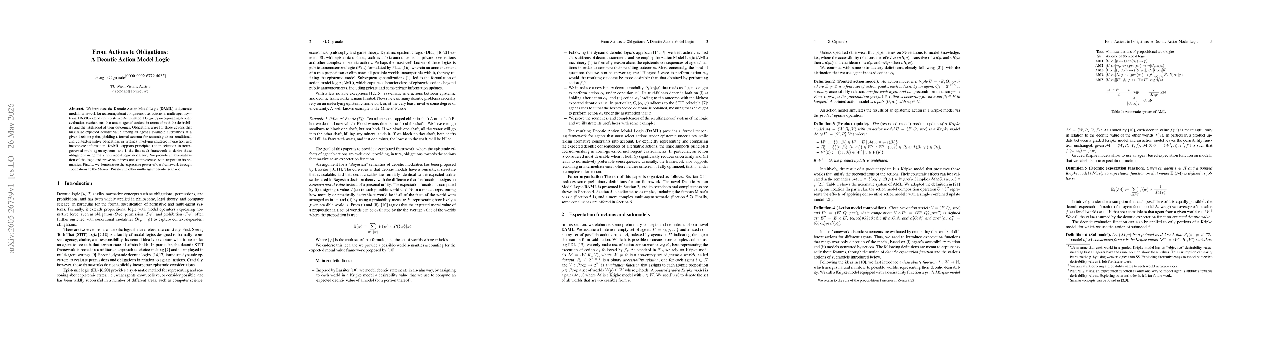 Thumbnail for From Actions to Obligations: A Deontic Action Model Logic