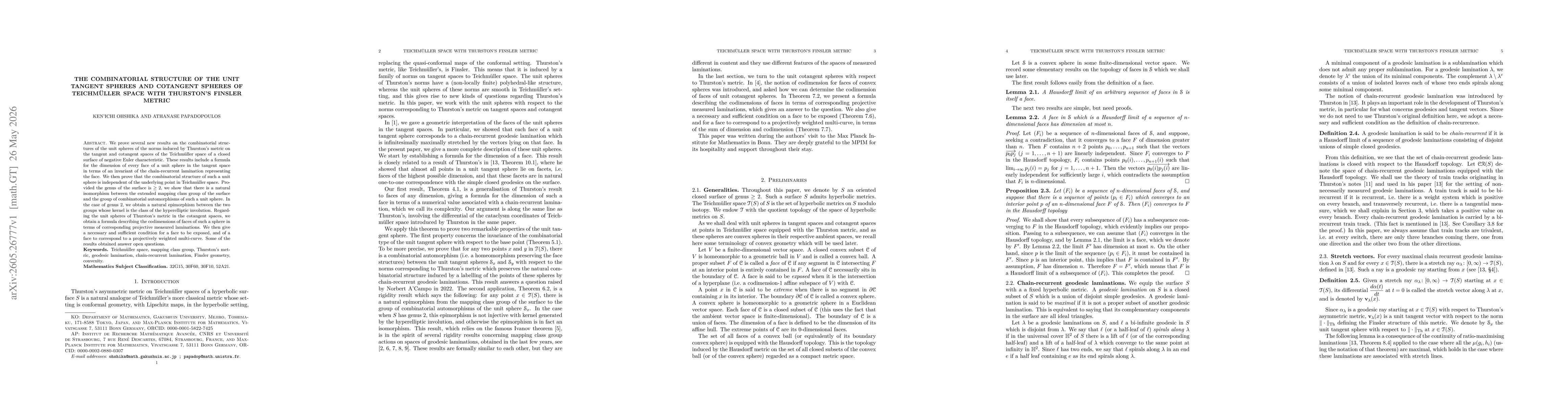 Thumbnail for The combinatorial structure of the unit tangent spheres and cotangent spheres of Teichm{ü}ller space with Thurston's Finsler metric